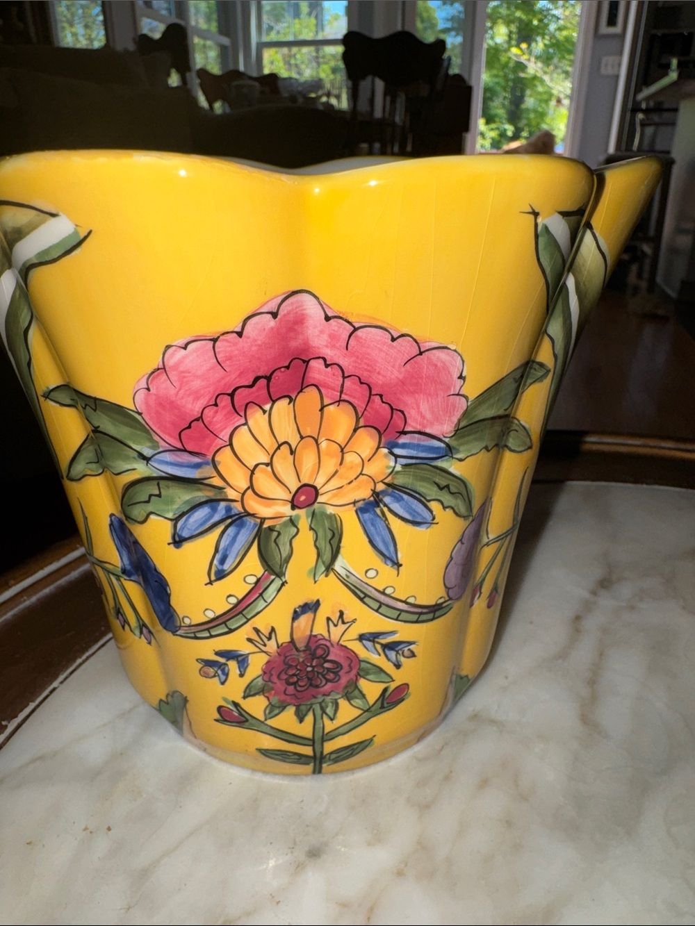 Vibrant Yellow Ceramic Vase Floral  motif 6.5x6.5 inches